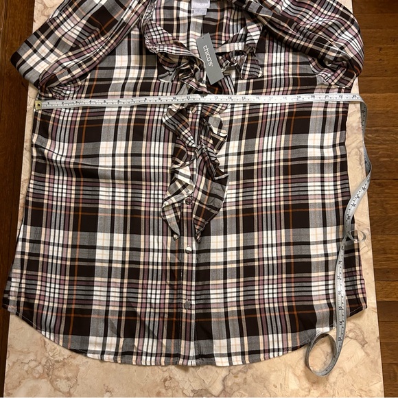 NWT Chico’s Ruffled Brown Plaid Shirt Large - Picture 6 of 10
